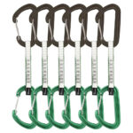 An image of six DMM Spectre Green Quickdraws. The Green carabiner is at the bottom, while the top carabiner is a matt grey colour. The sling is white and green.