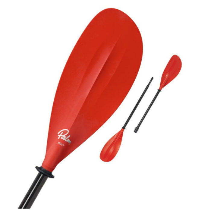 A Wicked Red Palm Drift Pro Two Piece Paddle. On the left we witness a close up of its blade, while the right displays a percept of the dismantled paddle itself.