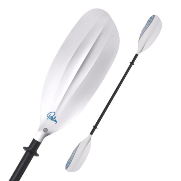 Palm Vision Paddle in white. On the left is a close up of the blade, while the right features a full scale image.