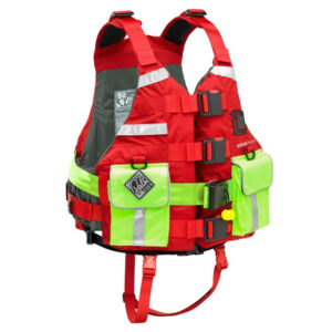 The Palm Rescue Universal PFD. It is predominantly red with high visibility yellow on the pockets and strapped around.
