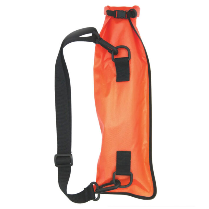 Rear view of the Stormproof VHF Case. Rolltop sealed and shoulder strap is attached. High Viz Orange.