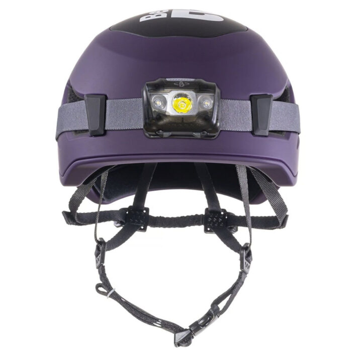 Beal Indy Purple Helmet, Image showing front of helmet with a head torch attachment