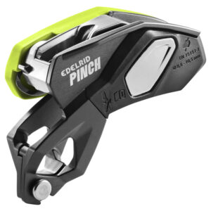 A photo of the Edelrid Pinch Assisted braking device, no in use and on a white background
