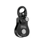 The Petzl Spin S1 in Black. Rotatory Image of the front side of the pulley device. A swivel can be seen on top.