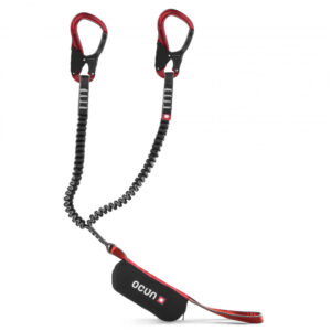 The Ocun Via Ferrata Captur Pro. Full view. The carabiners are red with black easy clips. The lanyard is black and grey. The shock absorber is black with the ocun logo printed on.