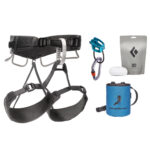 The Black Diamond Momentum 4S Harness Package shown in anthracite with all consituent products laid out.