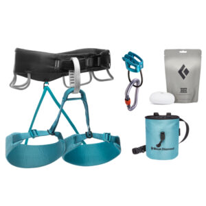 The Black Diamond Momentum Women's Harness Package shown in Aqua Verde with all consituent products laid out.