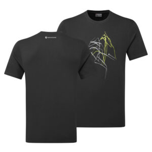 An all-encompassing image of the montane abstract mountain t shirt. View it from the front and the back!